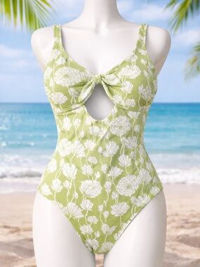 Aqua Green Floral One Piece Swimsuit XL Cutout Bow Front